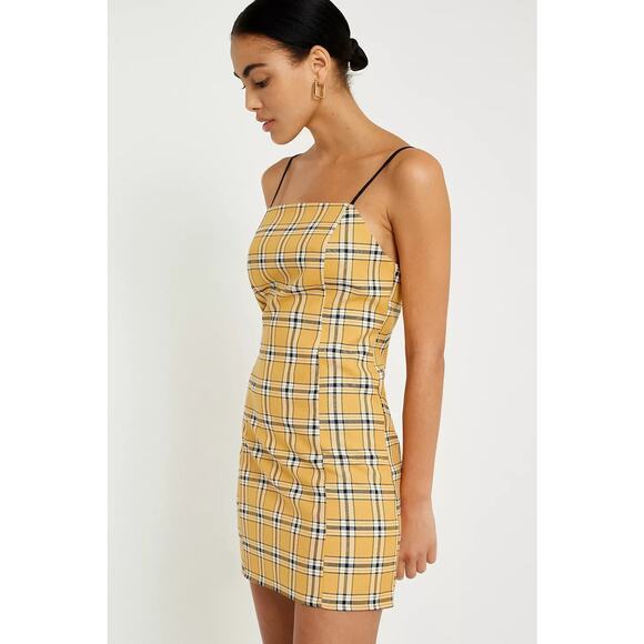 Urban Outfitters UO Checked Plaid Mini Slip Dress Yellow Size Small - Picture 1 of 14